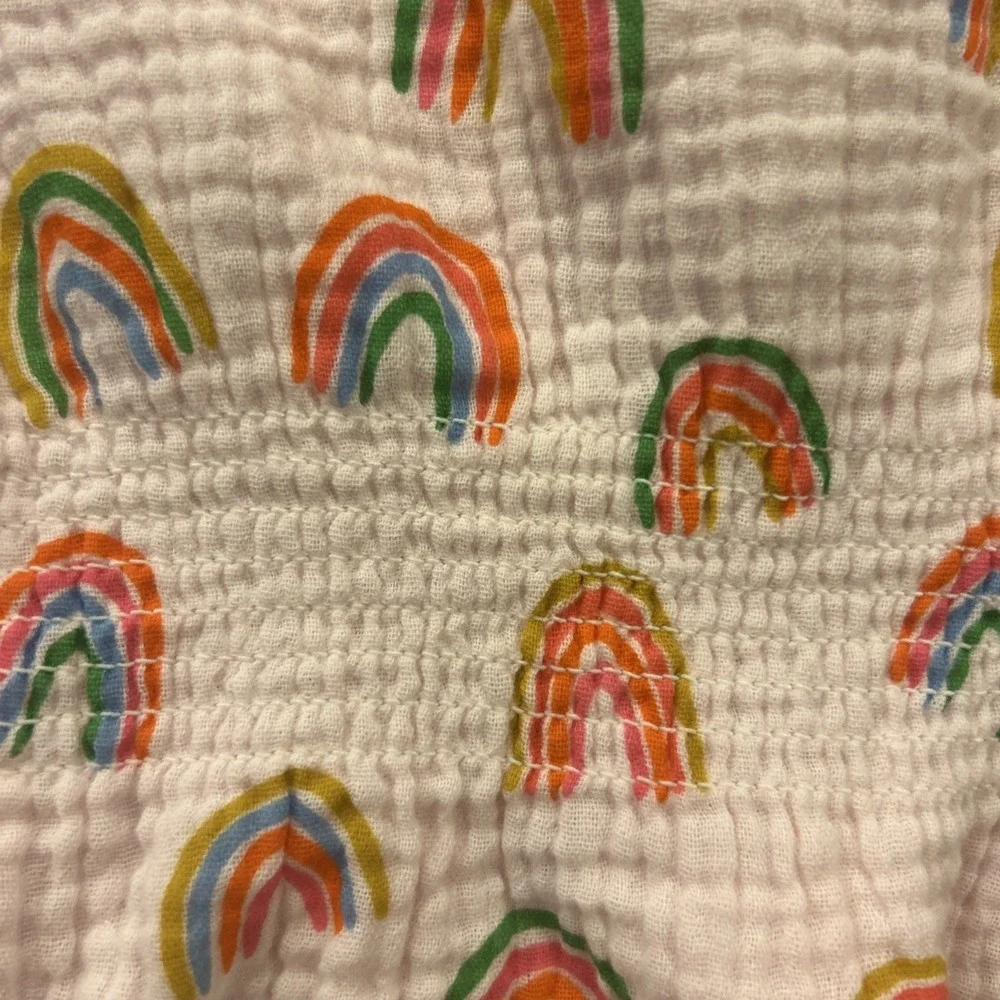 Mud Pie Baby Girls Dress 12–18M‎ Pink Rainbows Muslin Cotton Pom Trim Summer